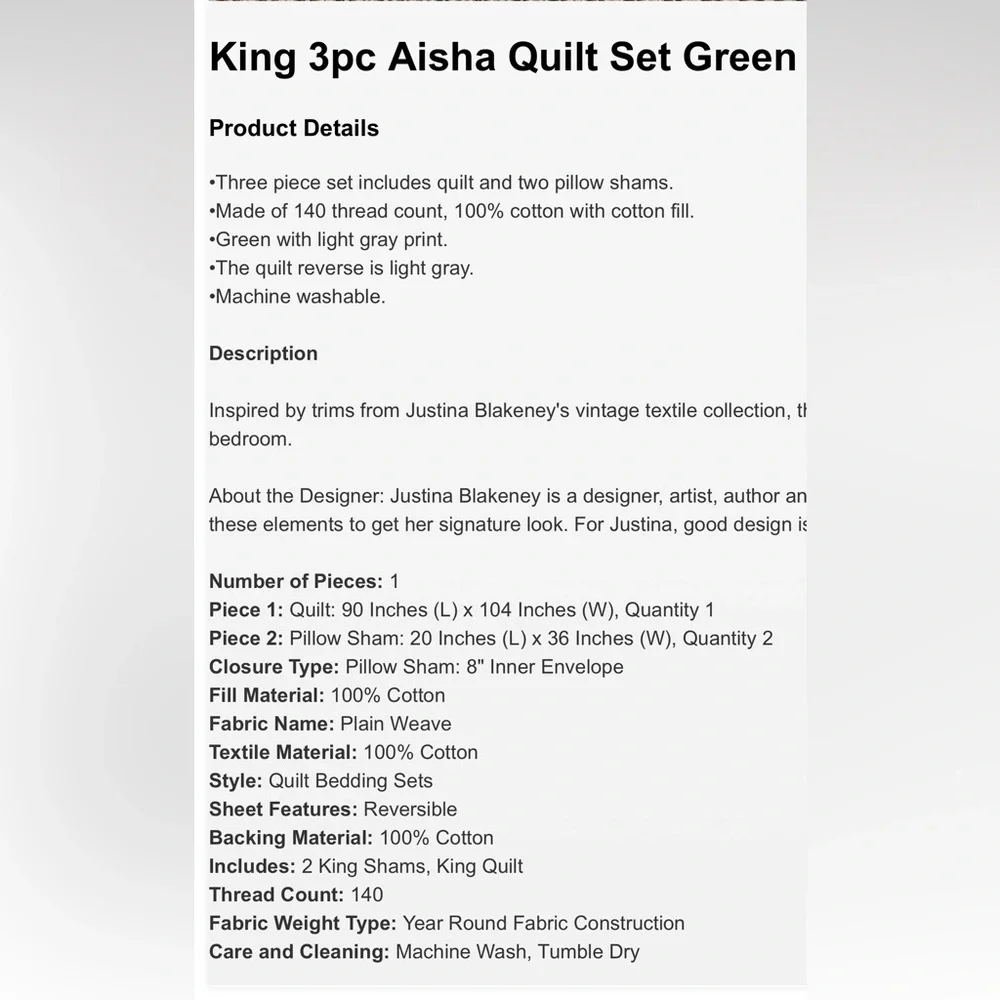 NWT King 3pc Aisha Quilt Set Green - Jungalow by Justina Blakeney